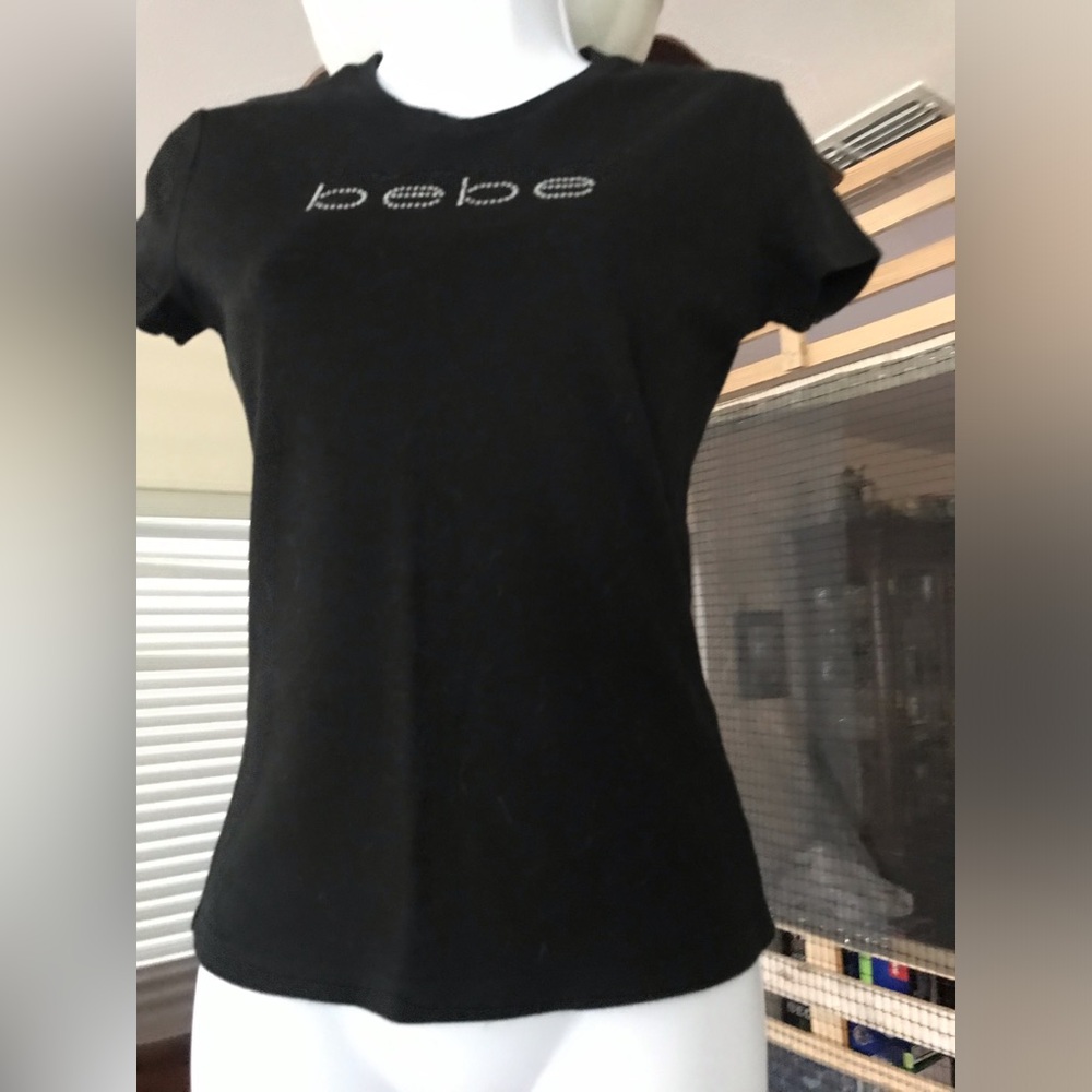 bebe Black Rhinestone Logo Short Sleeve Tee